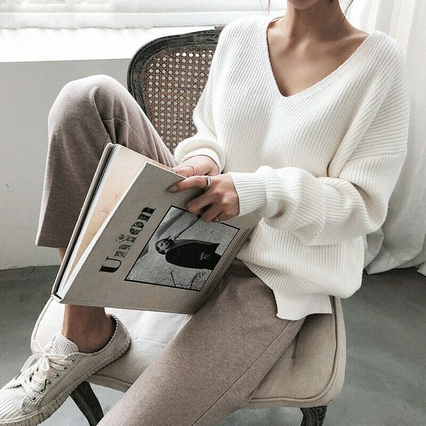 womens loose pullover sweatershirt long sleeve coat autumn ladies v neck sweater, White;black
womens loose pullover sweatershirt long sleeve coat autumn ladies v neck sweater, White;black