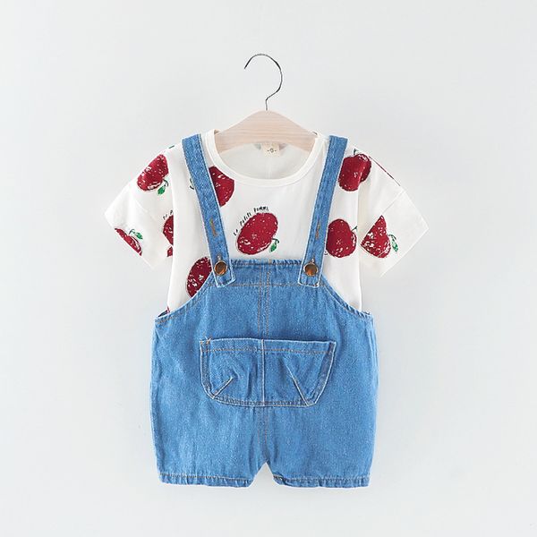 2pcs children clothes sets spring and autumn baby cartoon cute short sleeve cotton apple denim kids overalls outfit sets, White
2pcs children clothes sets spring and autumn baby cartoon cute short sleeve cotton apple denim kids overalls outfit sets, White