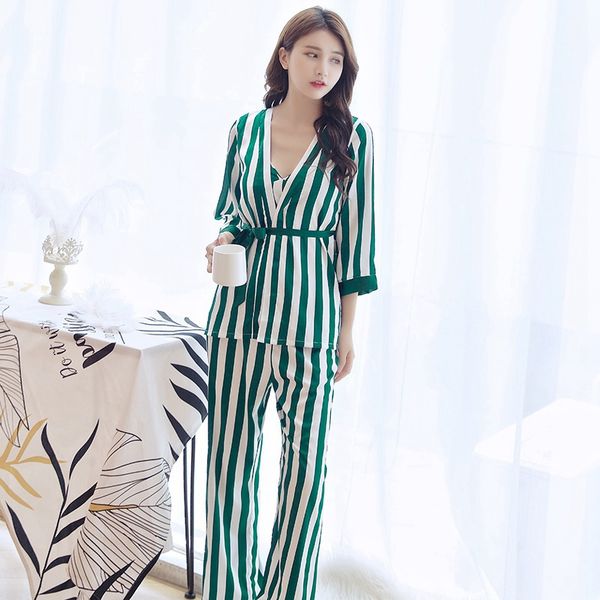 women pajama sets female stripe trousers of condole belt sleepwear grade four-piece sleep & lounge robe gown sets, Blue;gray
women pajama sets female stripe trousers of condole belt sleepwear grade four-piece sleep & lounge robe gown sets, Blue;gray