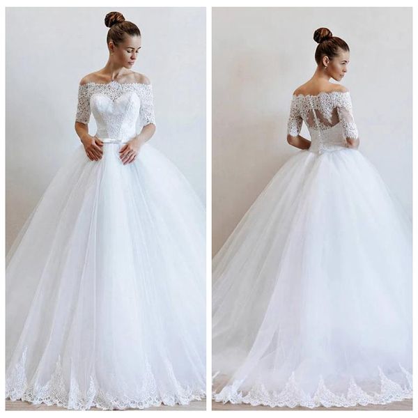 decent off-the-shoulder tulle wedding dress with sleeves ball gown lace appliques fit and flare wedding dress bodice vestidos de noche, White
decent off-the-shoulder tulle wedding dress with sleeves ball gown lace appliques fit and flare wedding dress bodice vestidos de noche, White