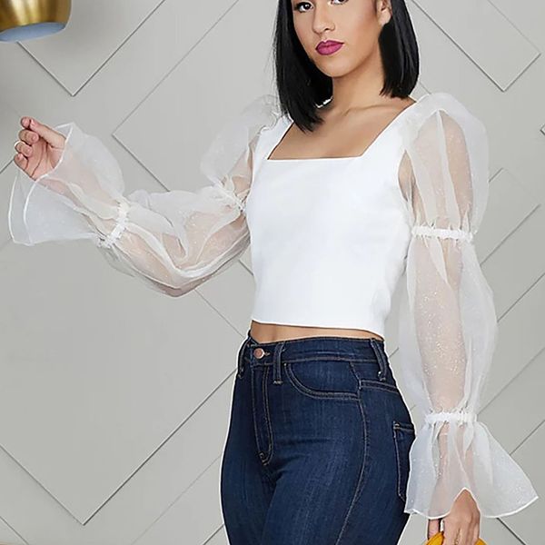 mesh trumpet sleeve shirt women casual u-neck long sleeve stitching solid blouse navel vest roupa feminina, White
mesh trumpet sleeve shirt women casual u-neck long sleeve stitching solid blouse navel vest roupa feminina, White