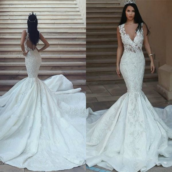 v neck vintage mermaid wedding dresses sleeveless lace appliqued satin sweep train bridal gowns beaded sheer buttons back robes de mariée, White
v neck vintage mermaid wedding dresses sleeveless lace appliqued satin sweep train bridal gowns beaded sheer buttons back robes de mariée, White
