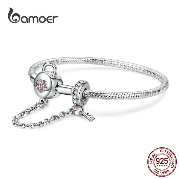 

bamoer silver snake bracelets 925 sterling silver pink cz heart lock and key safety chain charm bracelet for women gift scb143, Golden;silver