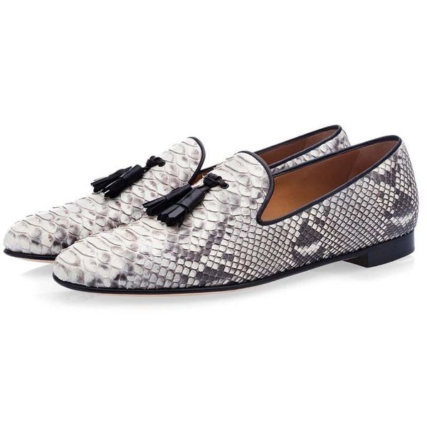 2019 snakeskin men round toe tassel flat dress shoes male slip on loafer shoes fashion business shoes for man, Black