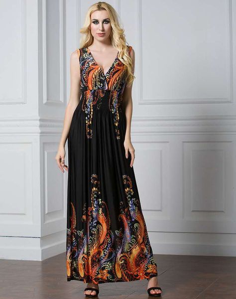 european and american fashion bohemian popular large women's sleeveless dress beach maxi ice silk dress v-neck, Black;gray 
european and american fashion bohemian popular large women's sleeveless dress beach maxi ice silk dress v-neck, Black;gray