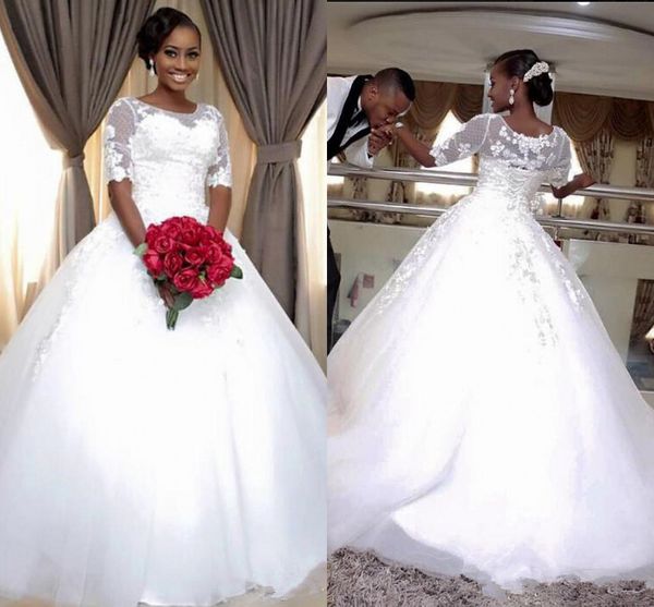 african 2019 vintage ball gown lace half sleeve wedding dresses lace-up scoop appliques bridal dress wedding gowns, White
african 2019 vintage ball gown lace half sleeve wedding dresses lace-up scoop appliques bridal dress wedding gowns, White
