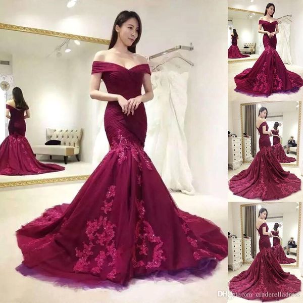 2019 off shoulder burgundy evening dresses mermaid ruched lace tulle applique beaded prom party gown custom made ba9999, Black
2019 off shoulder burgundy evening dresses mermaid ruched lace tulle applique beaded prom party gown custom made ba9999, Black