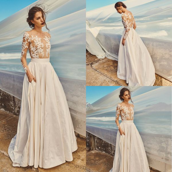 2019 bohemian wedding dresses jewel neck illusion bodice lace appliques beach wedding dress satin long sleeve bridal gowns, White
2019 bohemian wedding dresses jewel neck illusion bodice lace appliques beach wedding dress satin long sleeve bridal gowns, White
