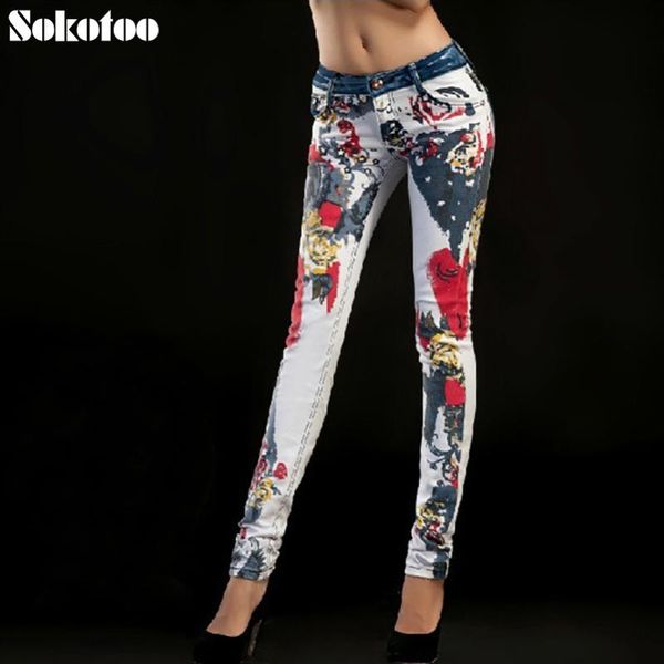 sokotoo women's print jeans female trousers colored drawing flower slim denim trousers thin skinny jeans, Blue
sokotoo women's print jeans female trousers colored drawing flower slim denim trousers thin skinny jeans, Blue