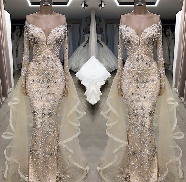 luxury pearls beaded mermaid wedding dresses off shoulder long sleeve beadings bridal gown robe de mariee, White
luxury pearls beaded mermaid wedding dresses off shoulder long sleeve beadings bridal gown robe de mariee, White