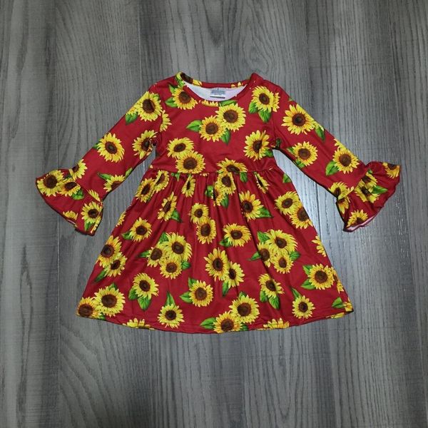 

fall/winter baby girls children clothes cotton mustard sunflower ruffles dress boutique floral knee length, Red;yellow