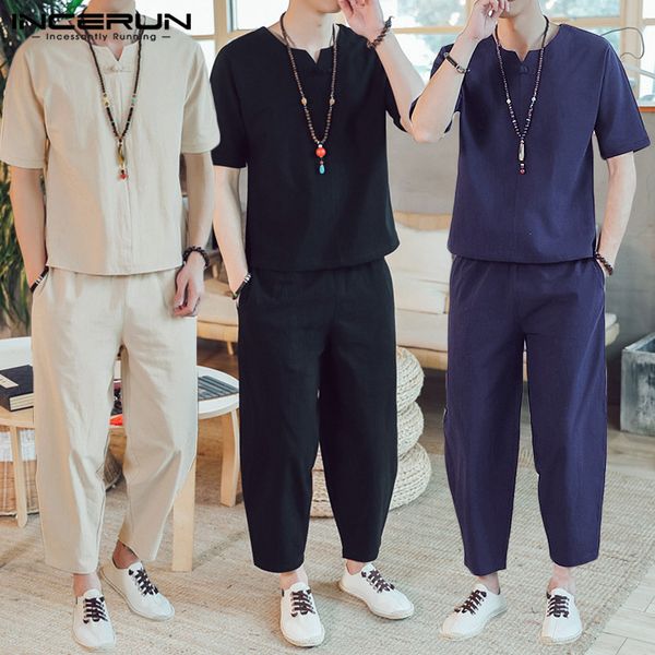 men's tracksuits incerun men vintage sets v neck solid color suits loose short sleeve cotton long bottoms chinese style retro s-5xl, Gray
men's tracksuits incerun men vintage sets v neck solid color suits loose short sleeve cotton long bottoms chinese style retro s-5xl, Gray