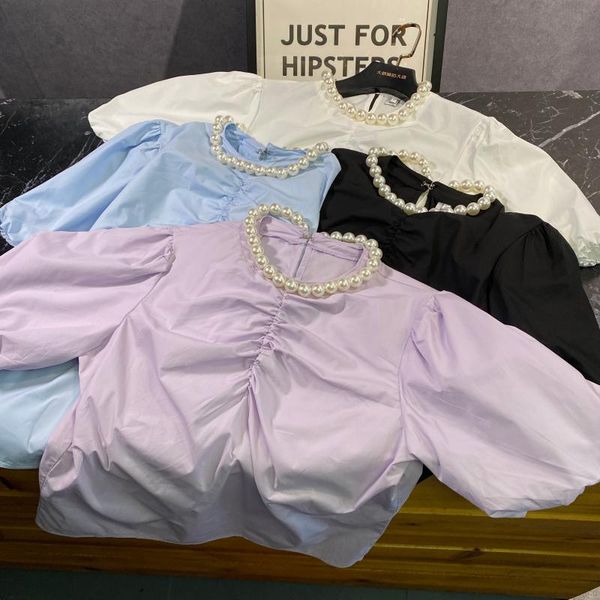 women's blouses & shirts 2021 summer big pearl neckline nail beads colorful bubble short sleeve pullover shirt women 0503, White
women's blouses & shirts 2021 summer big pearl neckline nail beads colorful bubble short sleeve pullover shirt women 0503, White