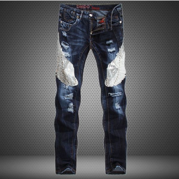 

2019 spring men stretch casual denim men's jeans blue eagle stitching slim straight jeans tide brand fashion style sa-95