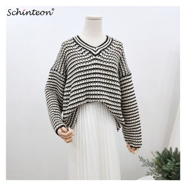women korean style knitted sweater autumn striped v-neck knitting pullover loose sweater 2019 new arrival, White;black
women korean style knitted sweater autumn striped v-neck knitting pullover loose sweater 2019 new arrival, White;black