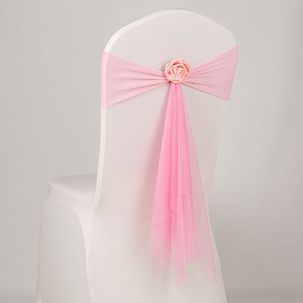 

50pcs/lot pink/white/orange muslin chair sashes with pink flower for wedding decoration ceremony stretch lycra chair band