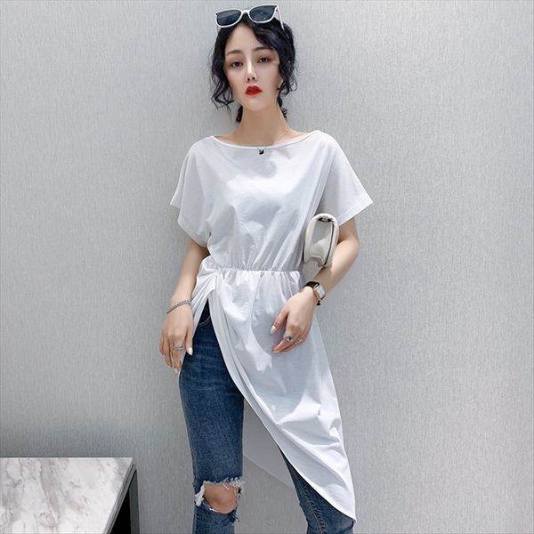 2020 women's white oblique shoulder irregular hem waist slim medium and long short sleeve t-shirt
2020 women's white oblique shoulder irregular hem waist slim medium and long short sleeve t-shirt
