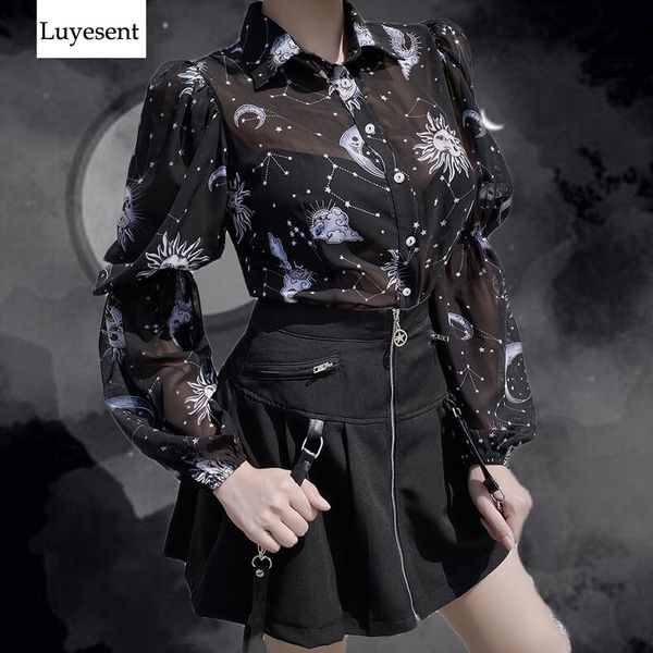 black dark goth women mesh transparent blouse 2020 lady crescent constellation drawstring puff sleeve gothic shirt gothic top, White