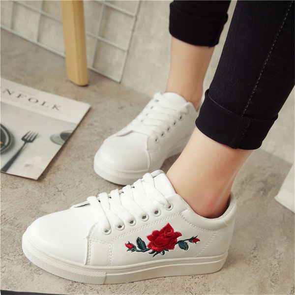 spring women flats shoe flowers embroidery shoes waterproof platform floral flats lace-up casual white shoes female, Black