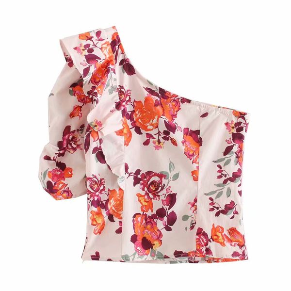 new women one shoulder pleated ruffles asymmetrical shirt print slim blouses women zipper roupas femininas chemise shirts ls6584, White