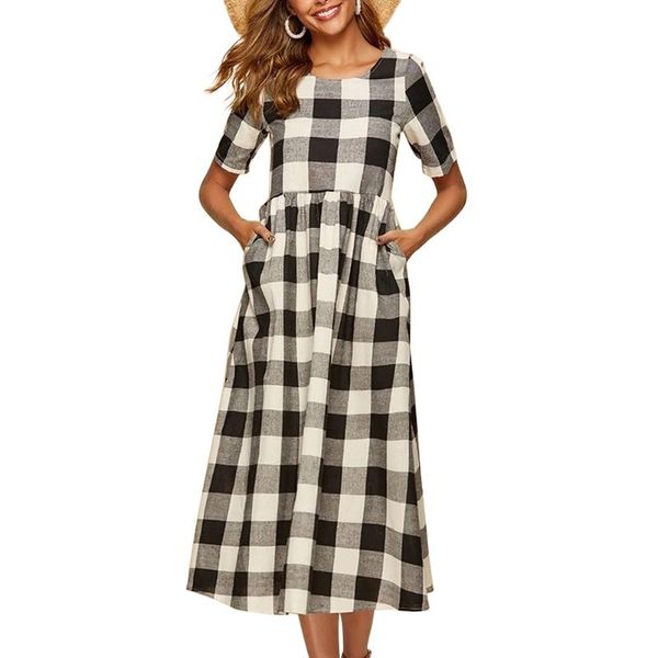 2020 short sleeve plaid print a-line summer dress women elegant loose long dress sundress beach party femme vestidos, White;black
2020 short sleeve plaid print a-line summer dress women elegant loose long dress sundress beach party femme vestidos, White;black