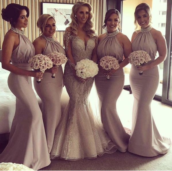 elegant halter sleeveless long mermaid bridesmaid dresses plus size floor length tumpet robes de soirée pink bridal party gowns for women, White;pink 
elegant halter sleeveless long mermaid bridesmaid dresses plus size floor length tumpet robes de soirée pink bridal party gowns for women, White;pink