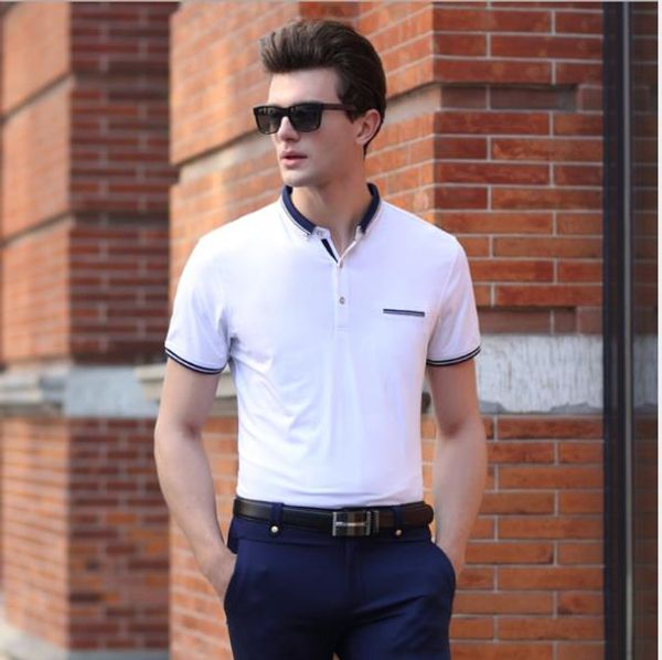 mens designer tshirt turndown collar stitching stripe contrast color casual short sleeve slim summer male clothing, White;black
mens designer tshirt turndown collar stitching stripe contrast color casual short sleeve slim summer male clothing, White;black