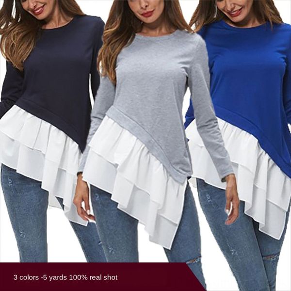 long sleeve stitching flounces season 2020 women's t-shirt women's long sleeve stitching flounces season t-shirt 2020, White