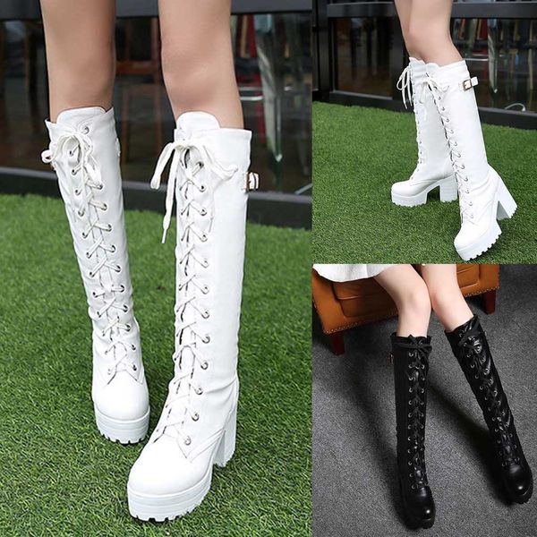 women boots fashion high heel lace up pu leather thick platform knee square heel snow boot female shoes plus size f50#, Black
women boots fashion high heel lace up pu leather thick platform knee square heel snow boot female shoes plus size f50#, Black