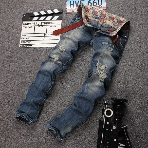 new brand men fashion designer destroyed jeans european and american style repaired distressed men's slim fit ripped denim jeans, Blue
new brand men fashion designer destroyed jeans european and american style repaired distressed men's slim fit ripped denim jeans, Blue