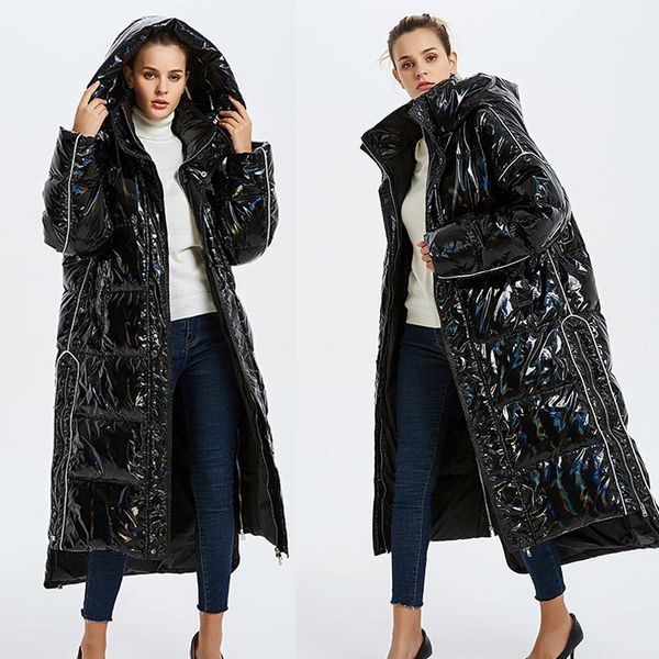 glossy patent fabric down coats winter luxurious quality glossy down coat female hooded collar oversize thicker warm coats, Black 
glossy patent fabric down coats winter luxurious quality glossy down coat female hooded collar oversize thicker warm coats, Black