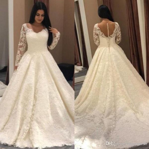 vintage long sleeve lace wedding dresses full appliques tulle a line bridal gowns sweep train sheer neck wedding dress, White
vintage long sleeve lace wedding dresses full appliques tulle a line bridal gowns sweep train sheer neck wedding dress, White