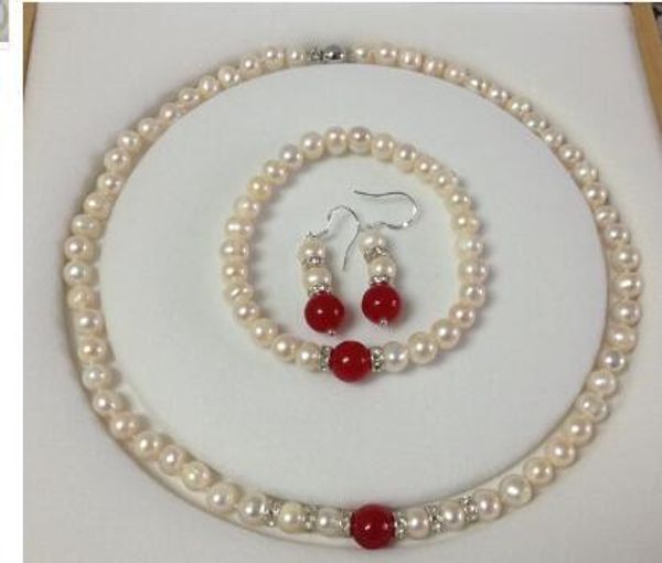 7 7-8mm white akoya cultured pearl/red jade bracelets necklace earrings set a026, Black
7 7-8mm white akoya cultured pearl/red jade bracelets necklace earrings set a026, Black