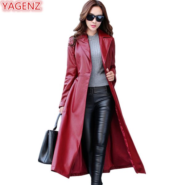 yagenz temperament pu leather windbreaker coats women jacket long section autumn and winter womens clothes long sleeve coat 1012, Black