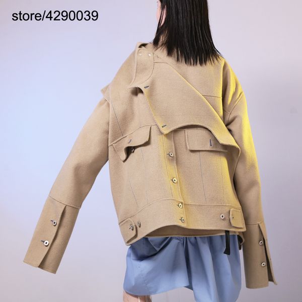 women original design irregular long sleeve wool coat contrast color double faced big pockets woolen coat, Black
women original design irregular long sleeve wool coat contrast color double faced big pockets woolen coat, Black