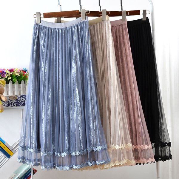 gold velvet high waist pleated skirt mesh tulle lace stitching sequin bead plus size two-tiered black long skirts women clothes
gold velvet high waist pleated skirt mesh tulle lace stitching sequin bead plus size two-tiered black long skirts women clothes
