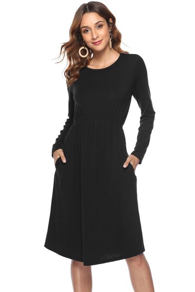new autumn womens dress round collar solid color waist pocket casual dress, Black;gray
new autumn womens dress round collar solid color waist pocket casual dress, Black;gray