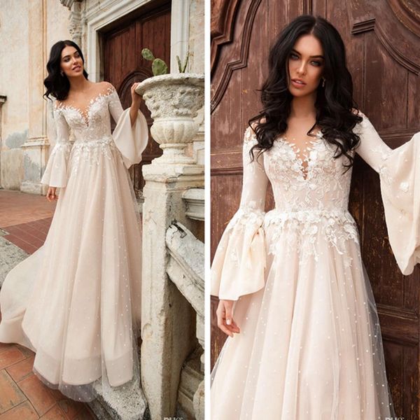 exquisite sheer neck bohemian wedding dress long appplique a line wedding dresses with court train winter long sleeve wedding dress, White
exquisite sheer neck bohemian wedding dress long appplique a line wedding dresses with court train winter long sleeve wedding dress, White