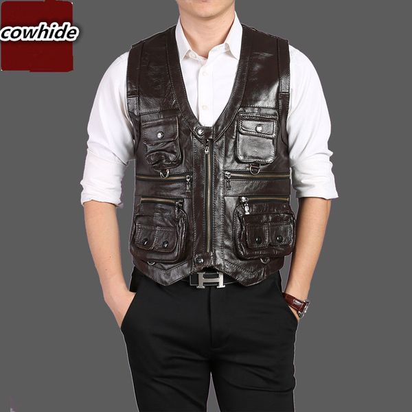 brand genuine cow leather vest mens pgraphy vest with many pockets brown motorcycle jacket male waistcoat 01, Black;white
brand genuine cow leather vest mens pgraphy vest with many pockets brown motorcycle jacket male waistcoat 01, Black;white
