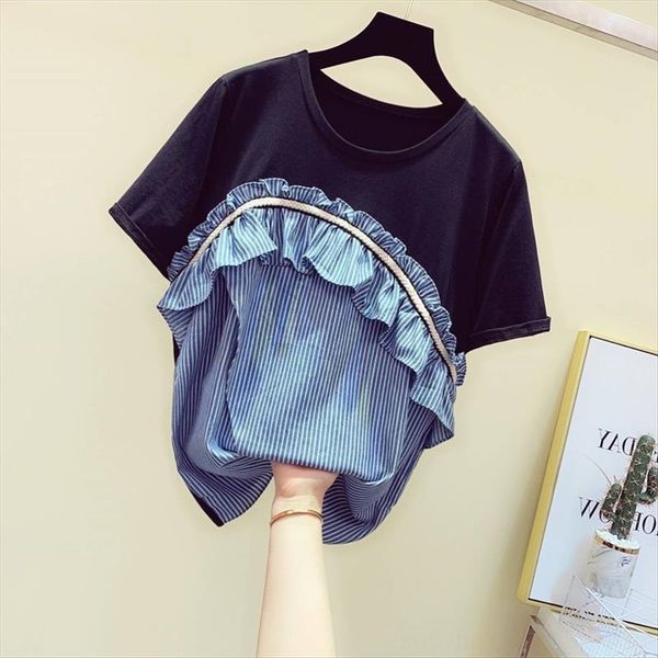 2019 summer clothes lotus leaf hem stitching short-sleeved t-shirt loose casual slim versatile women's clothing top, White
2019 summer clothes lotus leaf hem stitching short-sleeved t-shirt loose casual slim versatile women's clothing top, White