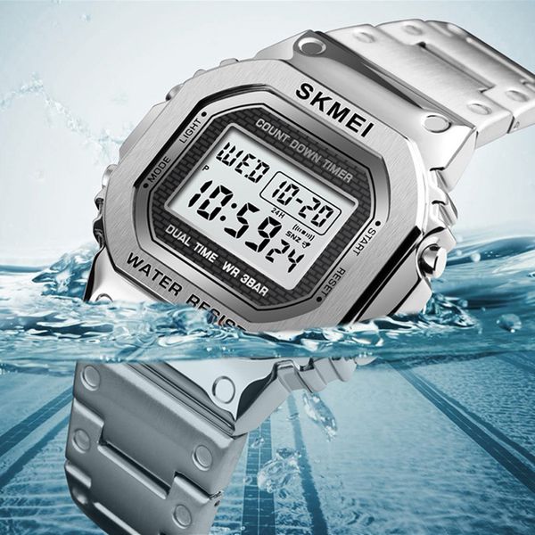 

men's watch outdoor sport wristwatch brand skmei alarm clock stainless steel countdown digital watch for men reloj hombre, Slivery;brown