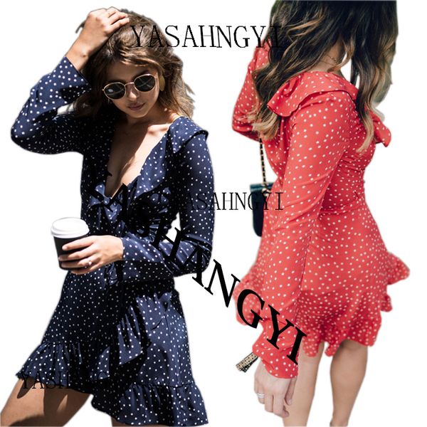 collar v long sleeves stars lotus leaf edge cardigan dress, Red;white