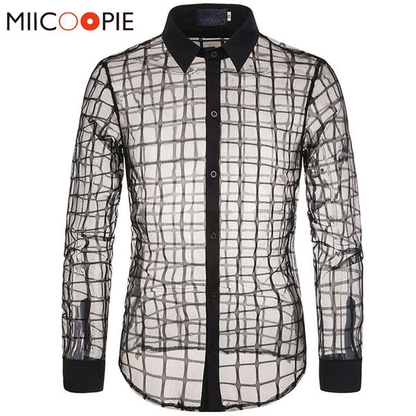 men transparent shirt 2020 new mesh plaid lace long sleeve camisa masculina slim stage night club style mens dress shirts, White;black
men transparent shirt 2020 new mesh plaid lace long sleeve camisa masculina slim stage night club style mens dress shirts, White;black