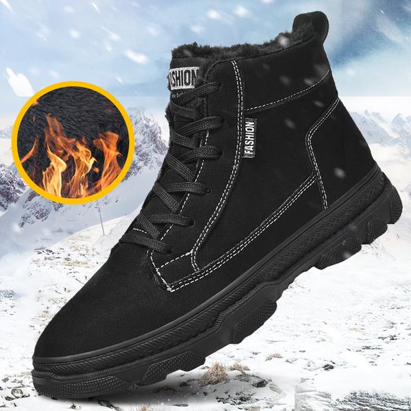 men snow boots winter plush warm men boots lace-up non-slip male ankle, Black