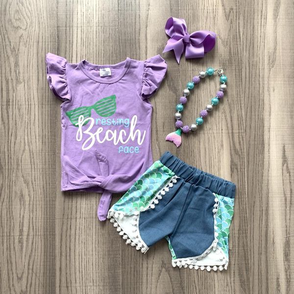 

summer baby girls children clothes outfits boutique sunglasses resting beach face mermaid pom-pom denim shorts match accessories, White