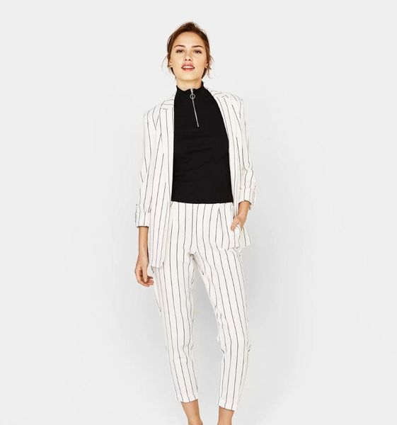 women elegant notched striped blazer suit office lady business pencil pant suits casual slim white coat 2 piece sets, White;black
women elegant notched striped blazer suit office lady business pencil pant suits casual slim white coat 2 piece sets, White;black