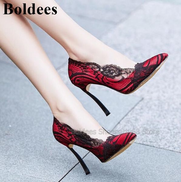 fashion black red lace pointed toe pumps women high heel wedding party dress shoes slip on blade heeled thin high heels
fashion black red lace pointed toe pumps women high heel wedding party dress shoes slip on blade heeled thin high heels