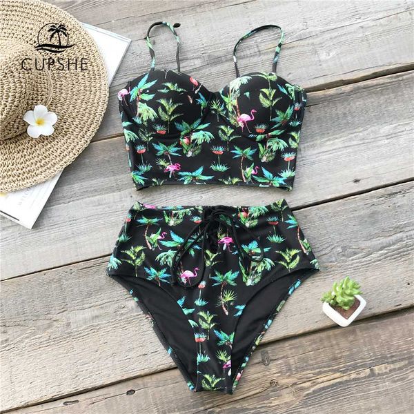 

cupshe green palm and flamingo print bikini sets 2019 women push up high waist lace up two piece swimsuits