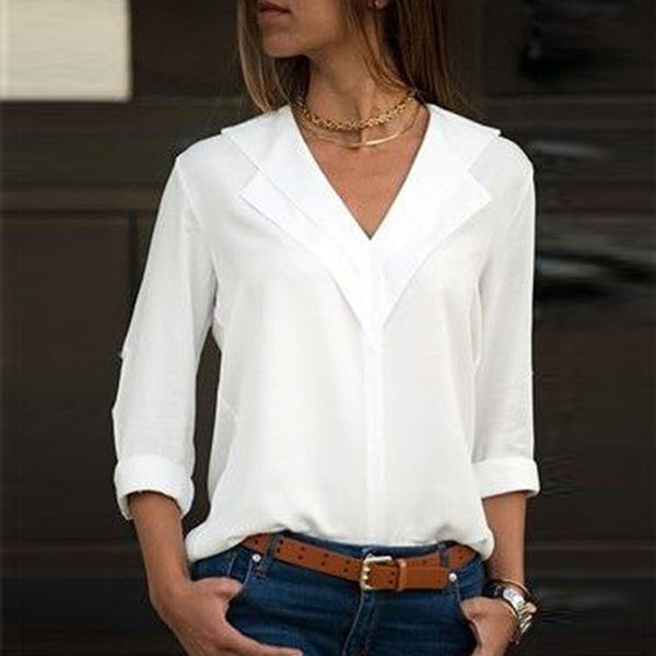 

белый блуза с длинным рукавом шифон блузки двойной v-образный вырез женщина топы и блузки твердой офиса рубашкой lady блуза рубашка blusas к, White