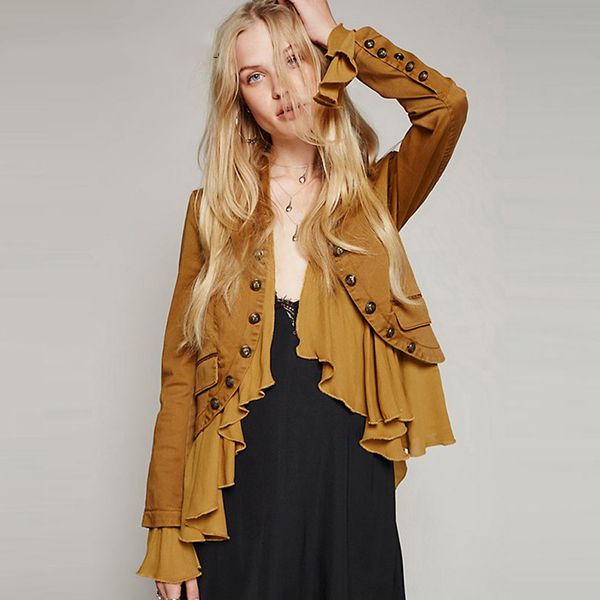 2019 lapel long sleeve solid yellow cotton ruffle joint irregular loose jacket summer autumn women temperament coat fashion, Black;brown
2019 lapel long sleeve solid yellow cotton ruffle joint irregular loose jacket summer autumn women temperament coat fashion, Black;brown